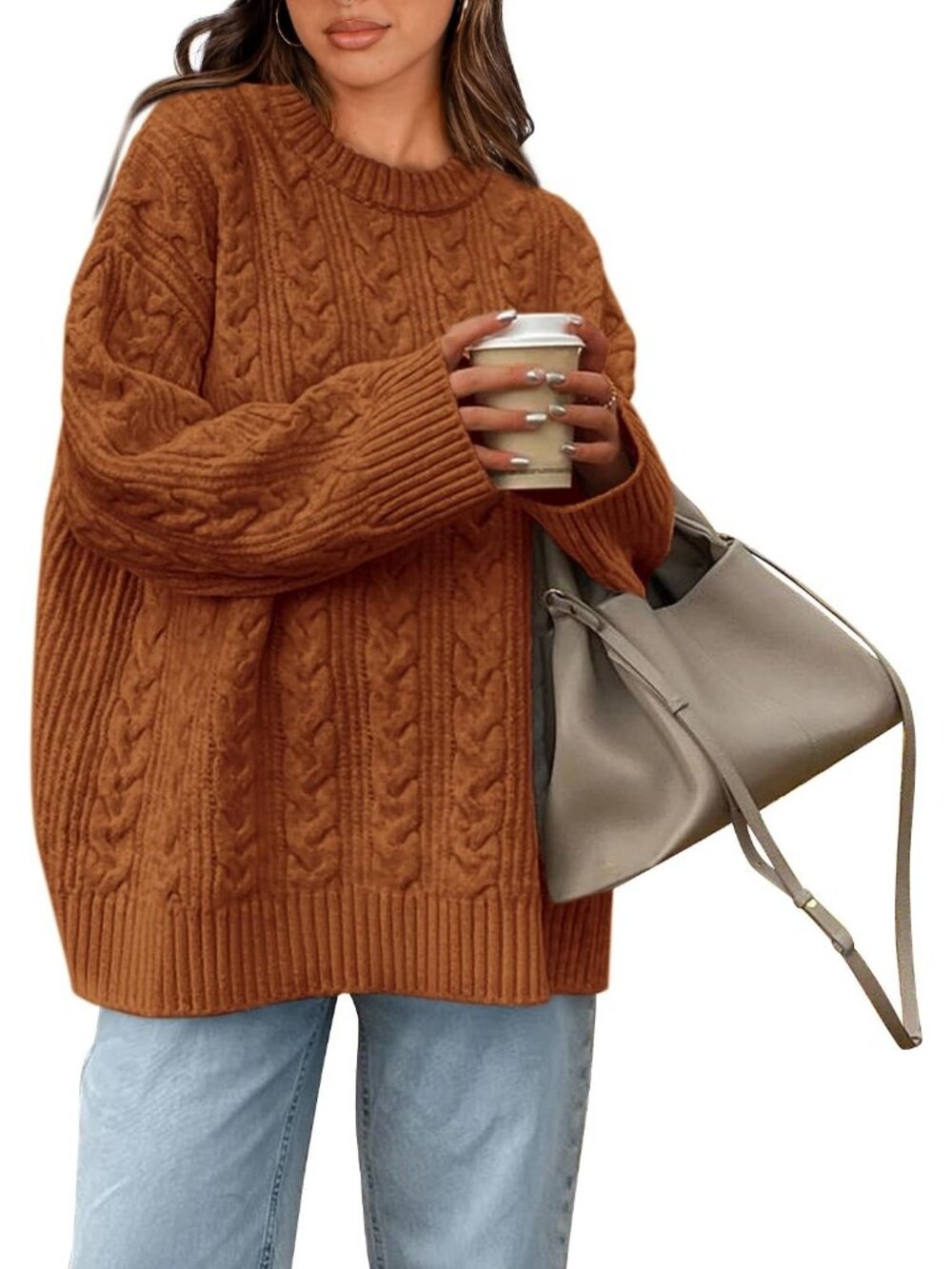 Women's Brick Red Cozy Chunky Textured Knit Crewneck Oversized Fashion Sweaters